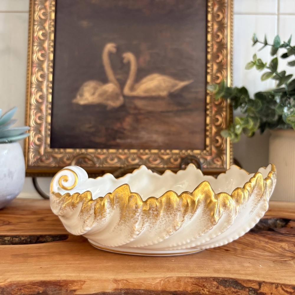 Vintage Lenox USA Porcelain Shell Dish Gold Ivory Nautilus Trinket Candy Bowl 6"